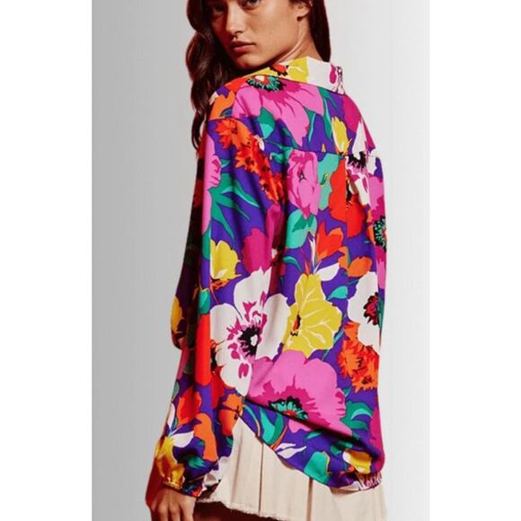 Bucket List Colorful Collared Long Sleeve Floral Button Down Blouse, S - Picture 2 of 10
